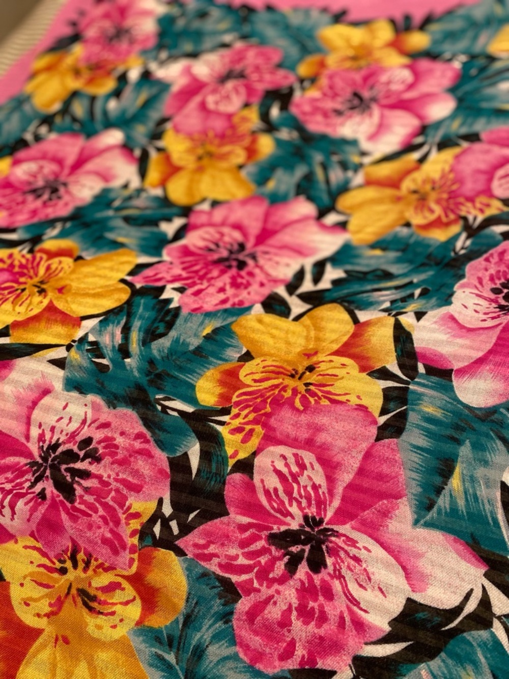 Vibrant Pink and Yellow Tropical Flowers Cotton Scarf 32x32 - Picture 2 of 3